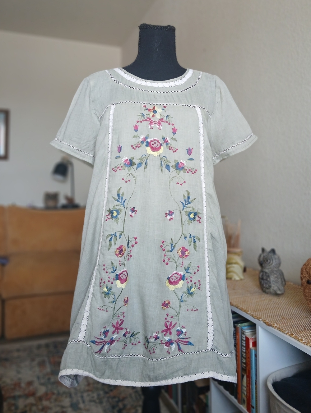 Umgee Embroidered Floral Boho Tunic Dress in Sage SZ S